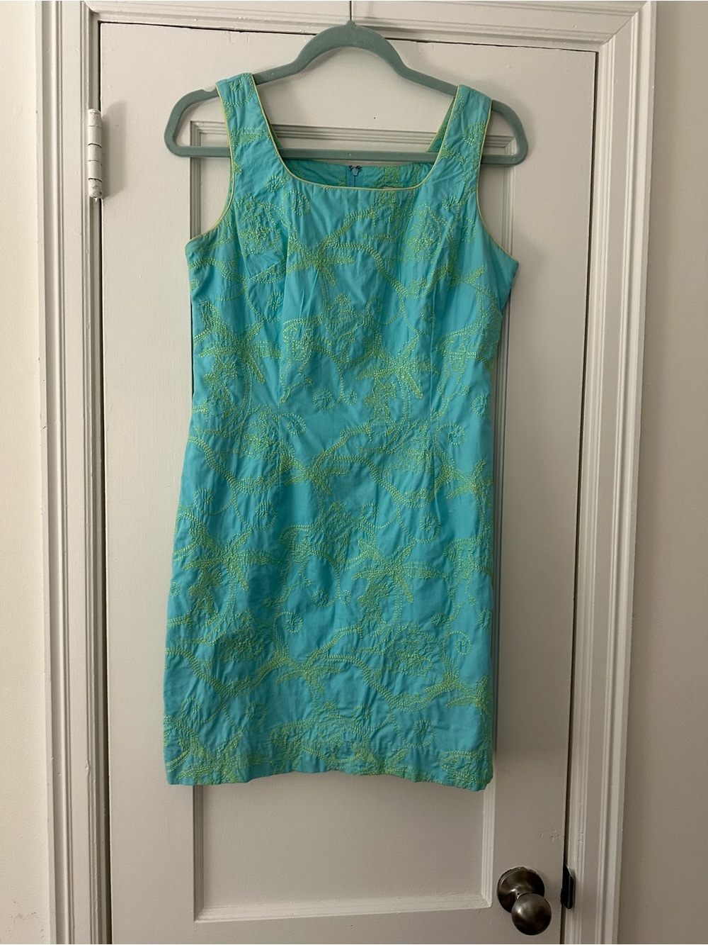 Lilly Pulitzer Aqua Shift Dress with Lime Embroidery